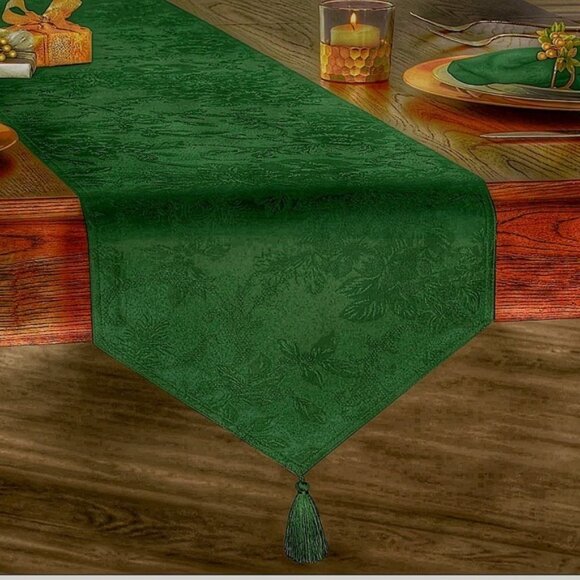 Holly Homes Table Runner Silky Holiday Christmas Green Damask 13 in x 72 in - Picture 1 of 13